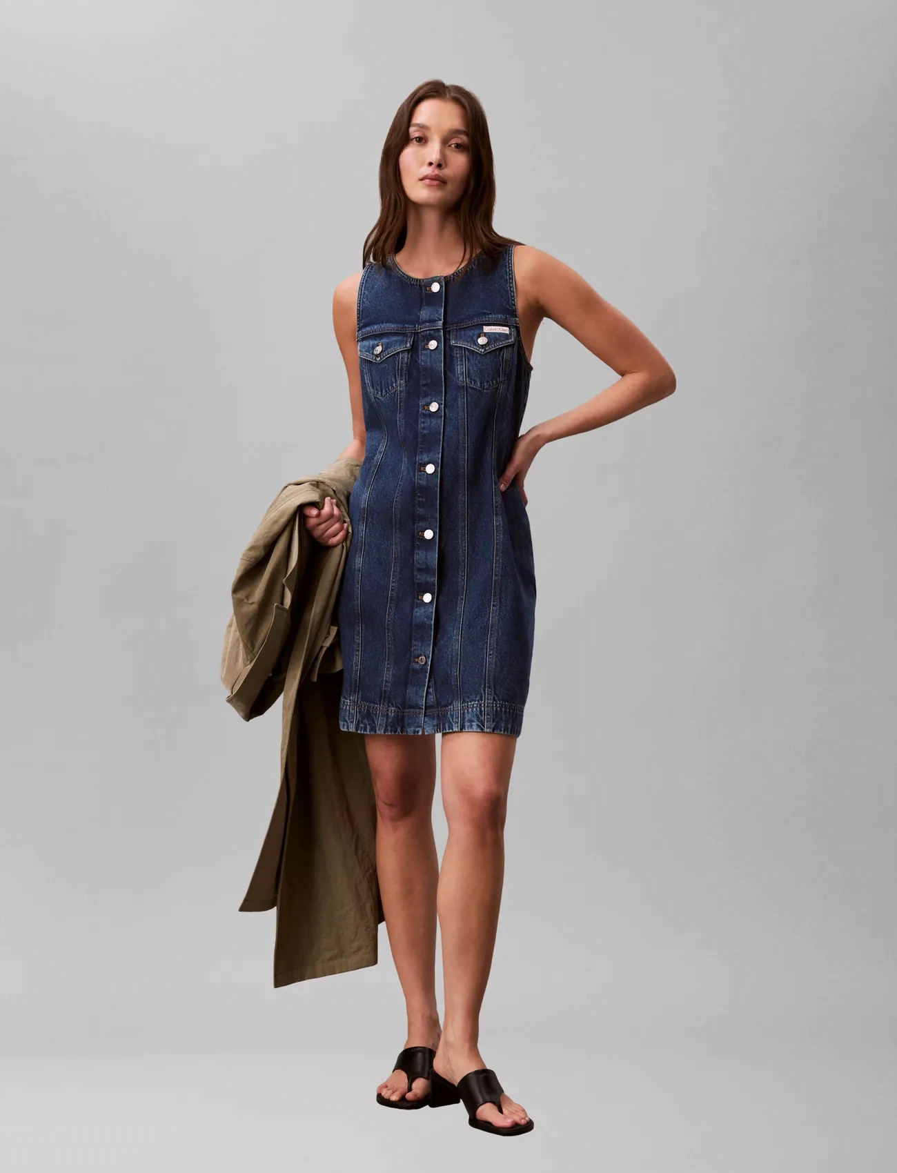 Calvin Klein Jeans Whs Slvls Mini Trucker Dress Mad, L, Blue, Kjoler > Kort Kjole, Dame