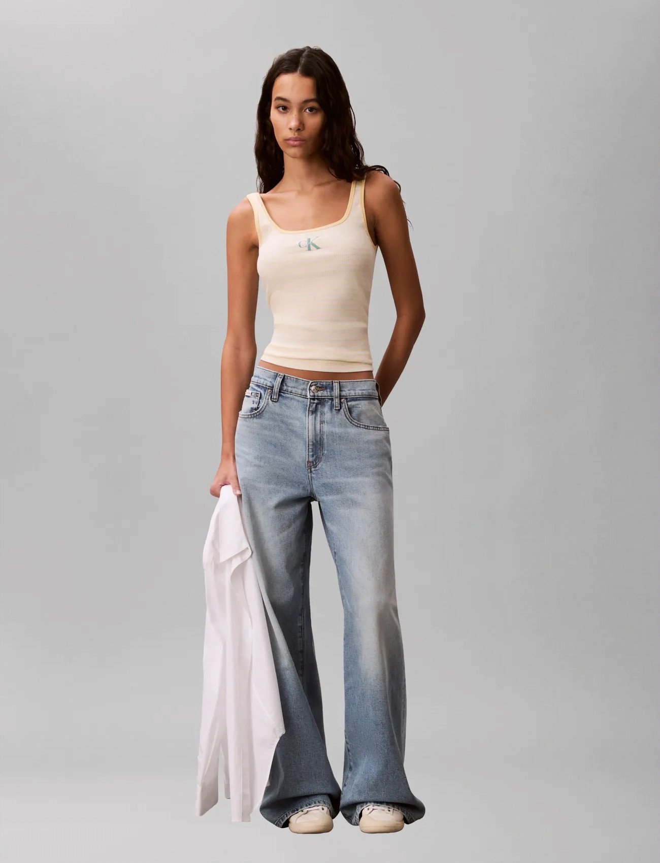 Calvin Klein Jeans Striped Monologo Scoop Nk Rib Ta, XXS, Yellow, T-Shirts & Toppe > Uden Ærmer, Dame