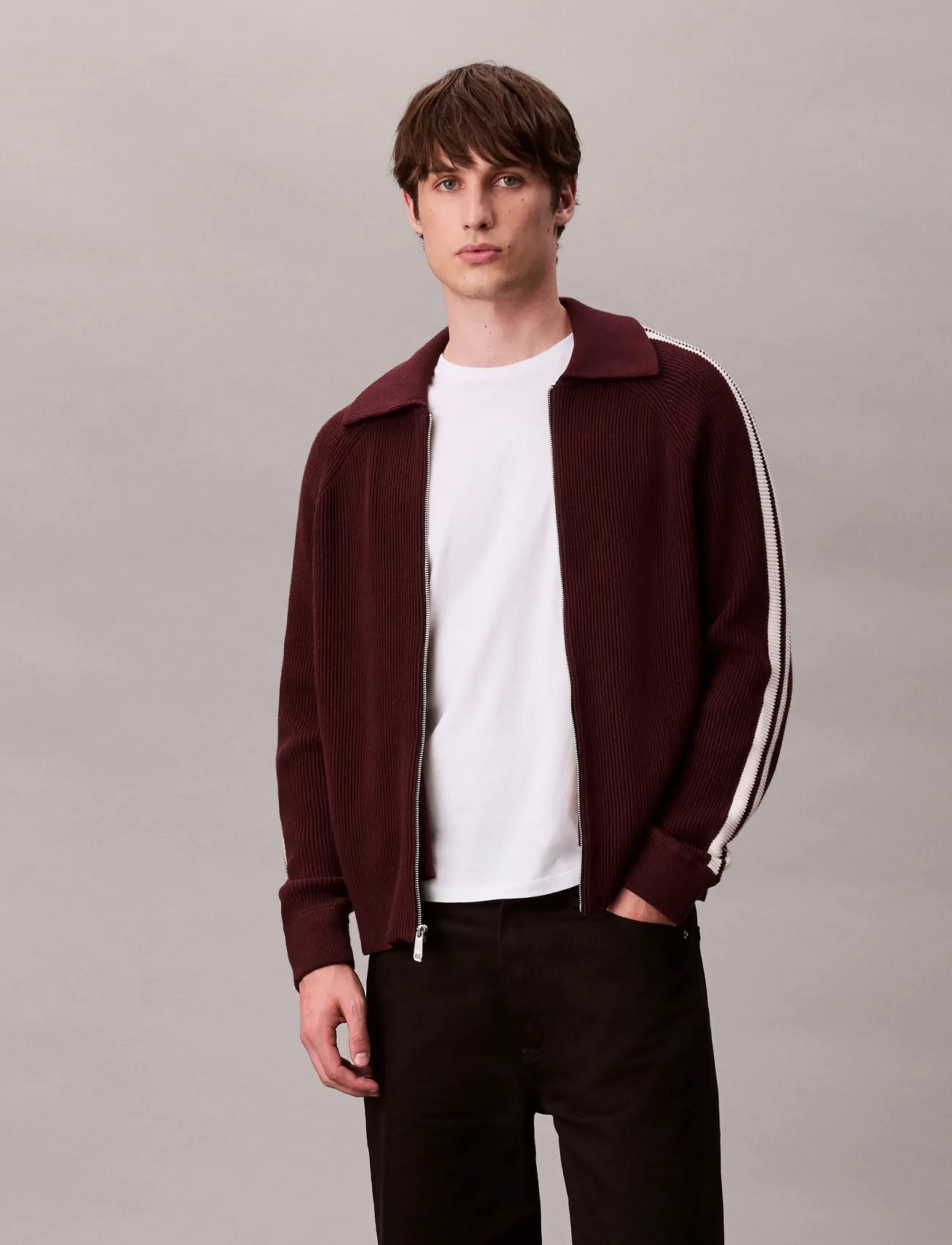 Calvin Klein Jeans Ls Racing Stripe Fz Sweater 9Gg, XXL, Burgundy, Strik > Trøjer Med Fuld Lynlås, Herre