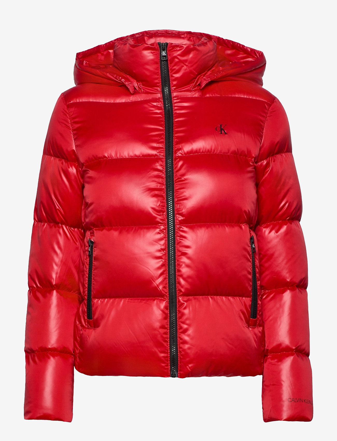 calvin klein shiny detachable hood puffer jacket in black