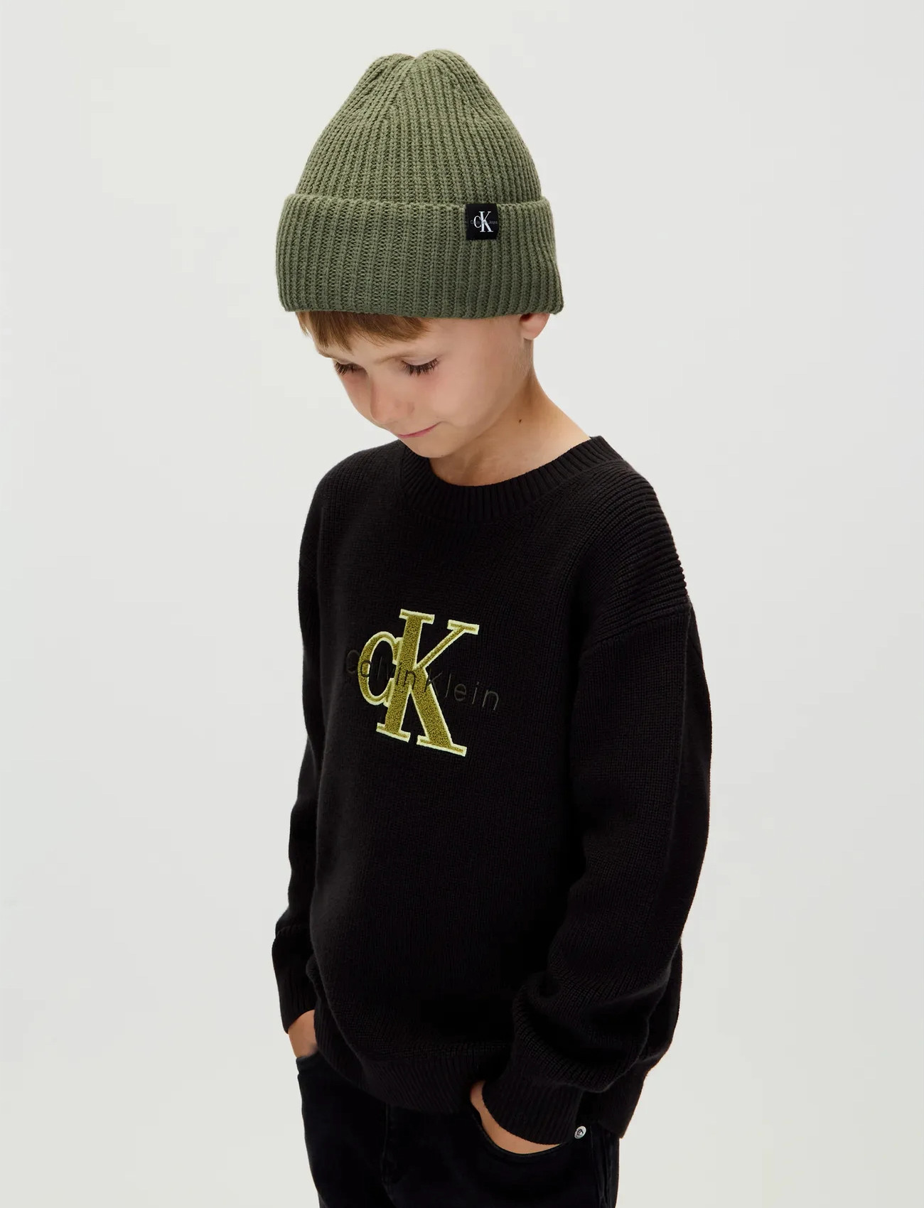 Calvin Klein Monogram Rib Beanie, L/XL, Khaki green, Huer > Beanie, Børn