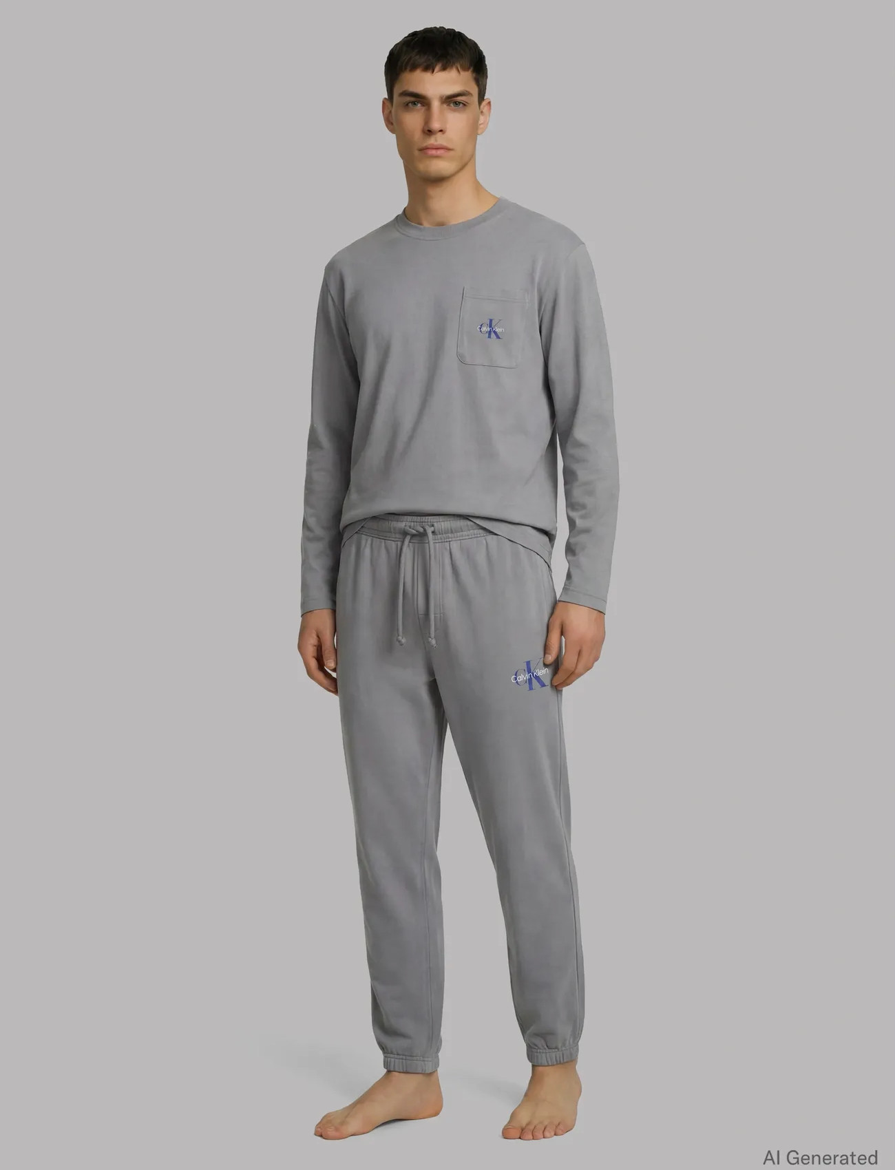 Calvin Klein Monogram L/S Jogger Set, XL, Grey, Sweatshirts & Hættetrøjer > Træningsdragter - Sæt, Herre