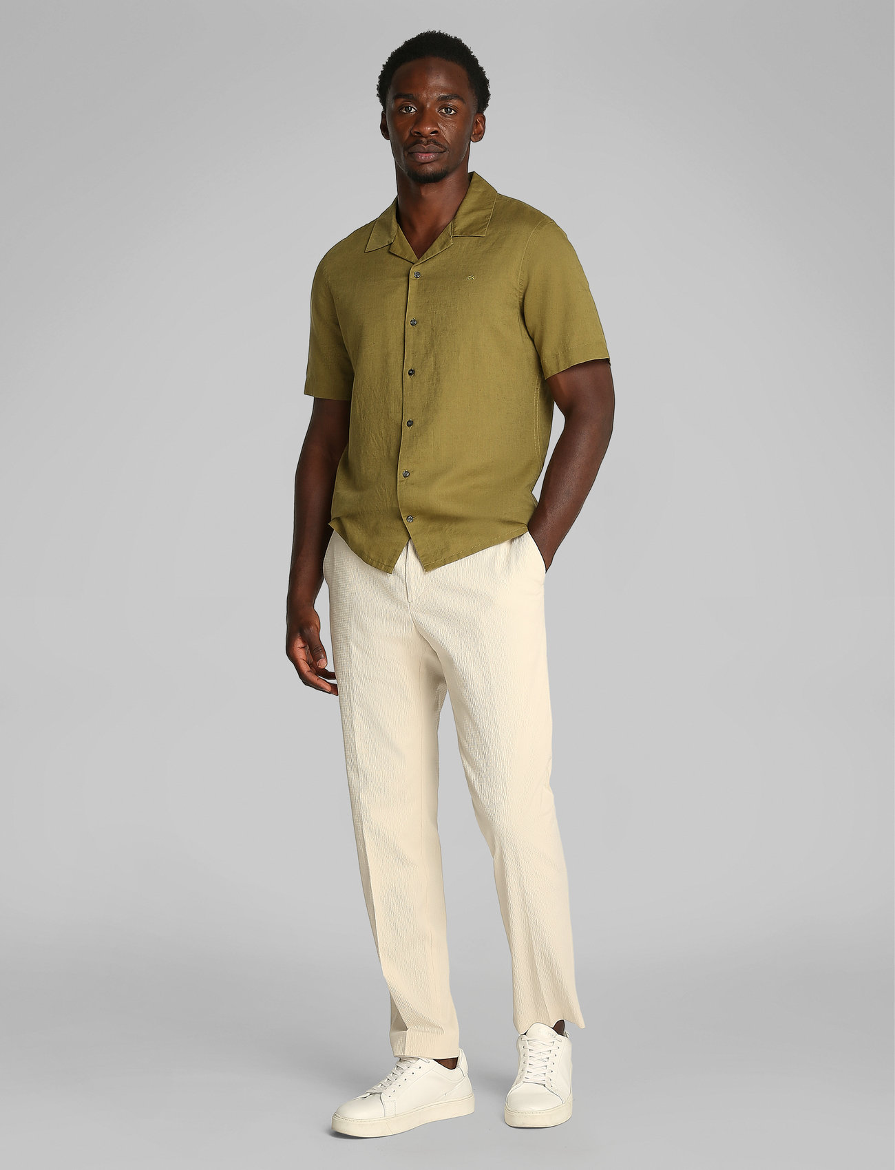 Calvin Klein Linen Cotton Cuban S/S Shirt, S, Khaki green, Skjorter > Kortærmede Shirts, Herre