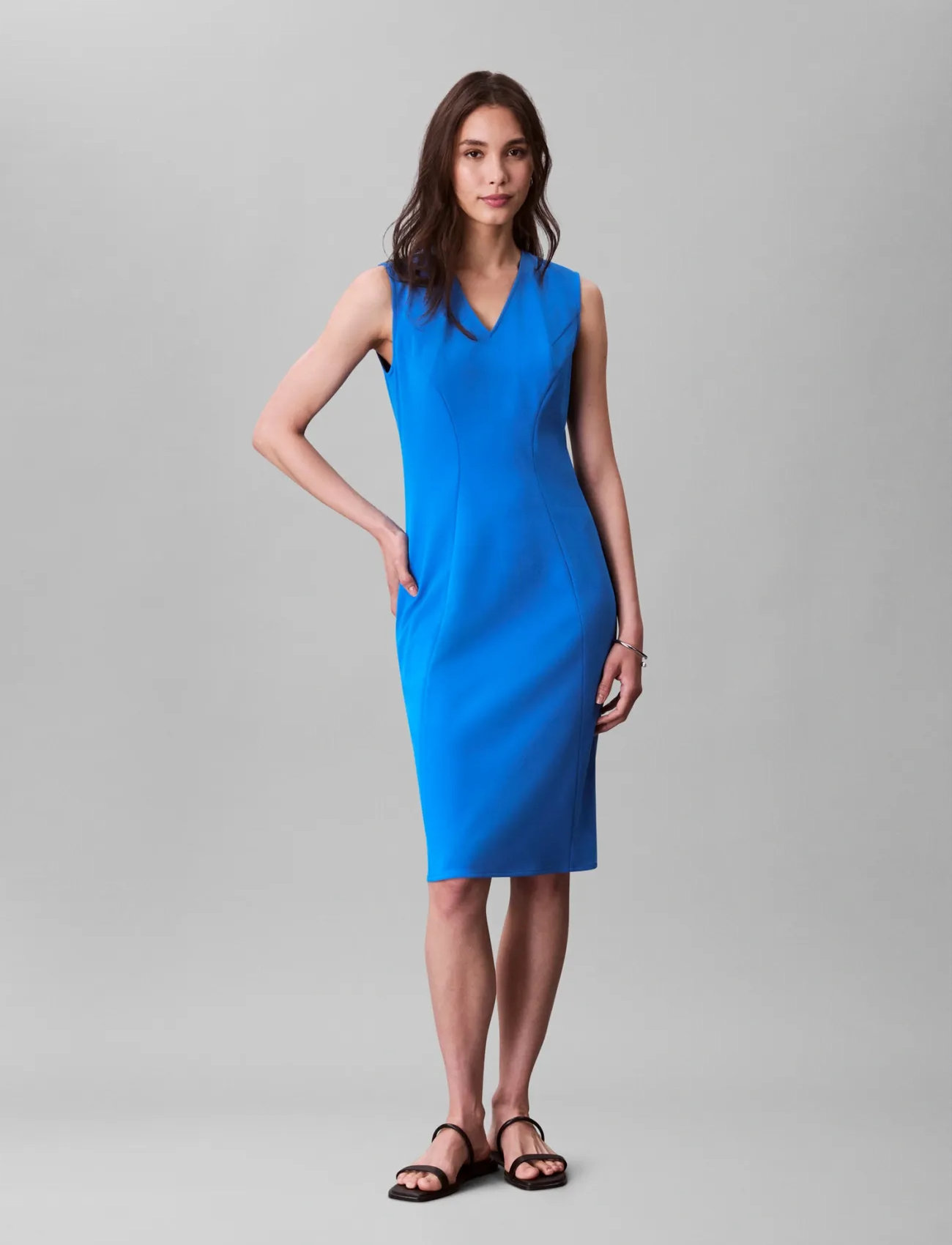 Calvin Klein Scuba Fitted Knee Length Dress, S, Blue, Kjoler > Knælange Og Midi, Dame