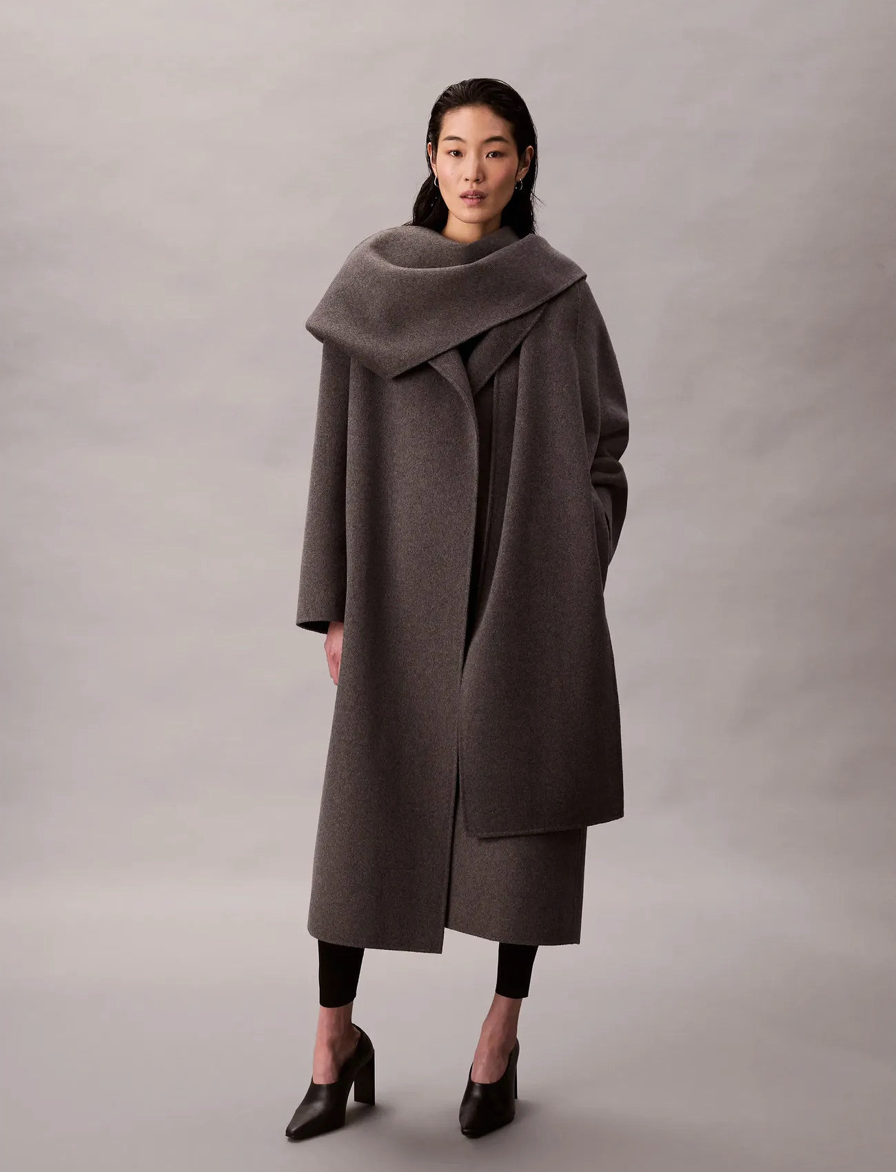 Calvin Klein Dbl Face Wool Scarf Coat - Melan, M, Grey, Frakker > Uldfrakker, Dame