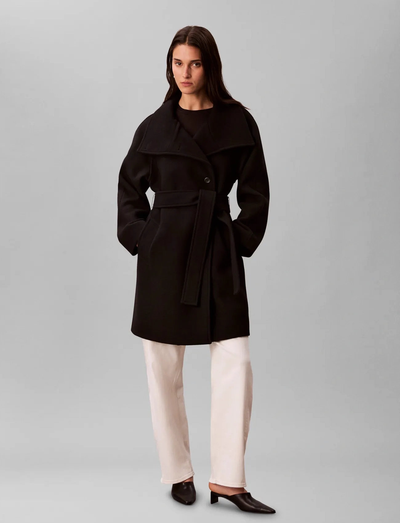 Calvin Klein Funnel Neck Knee Length Wool Coa