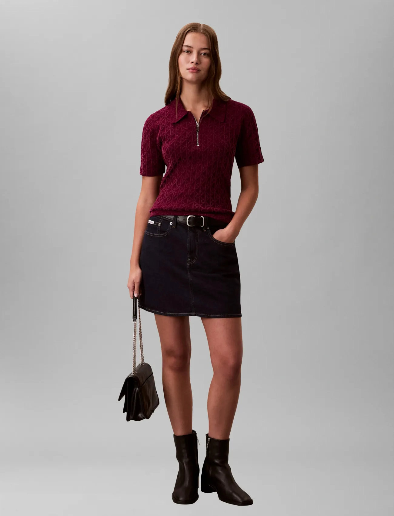 Calvin Klein Aop Textured Ss Top, XS, Burgundy, Strik > Trøjer, Dame