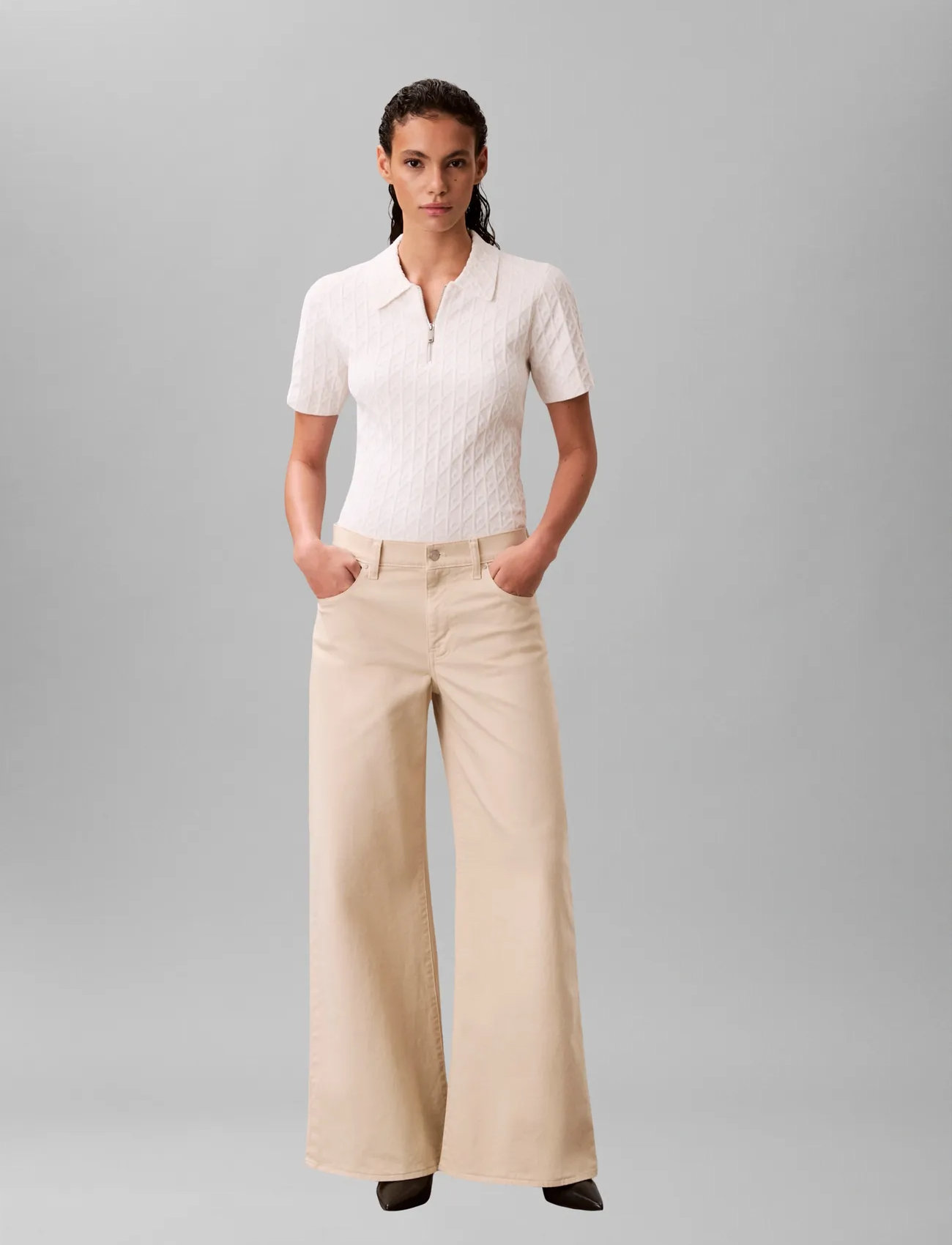 Calvin Klein Aop Textured Ss Top, L, Cream, Strik > Trøjer, Dame