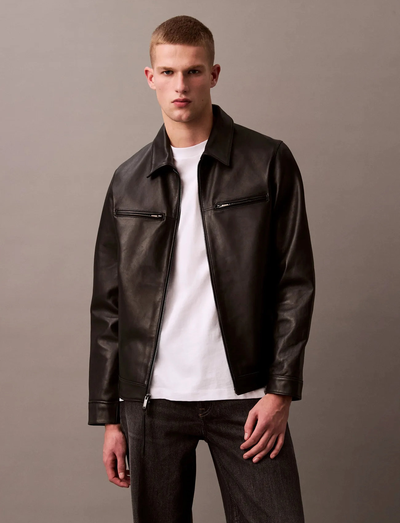 Calvin Klein Ls 2 Pkt Leather Jacket, M, Black, Jakker > Læder, Herre