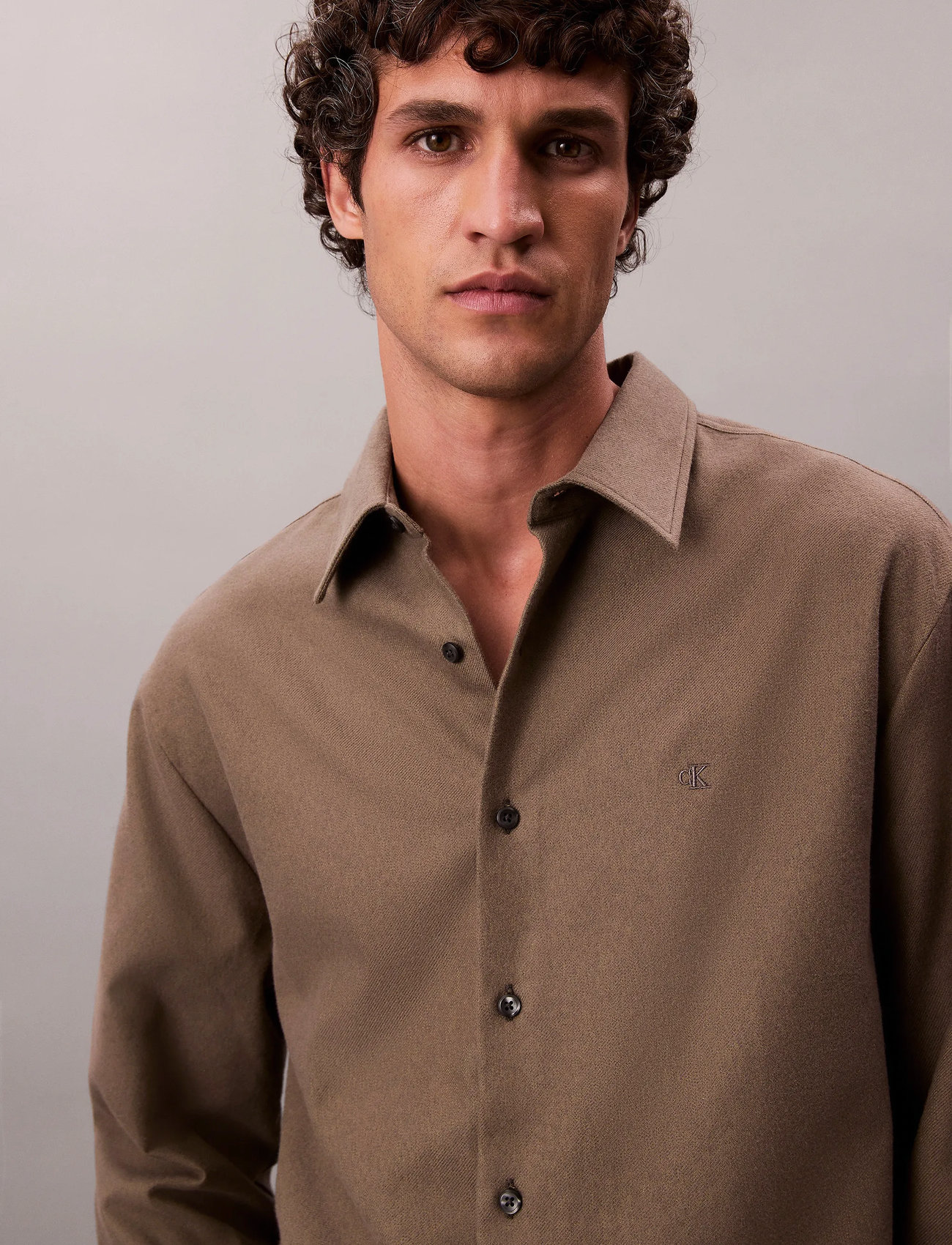 Calvin Klein Ls Melange Flannel Easy Shirt, M, Khaki green, Skjorter > Afslappet Shirts, Herre