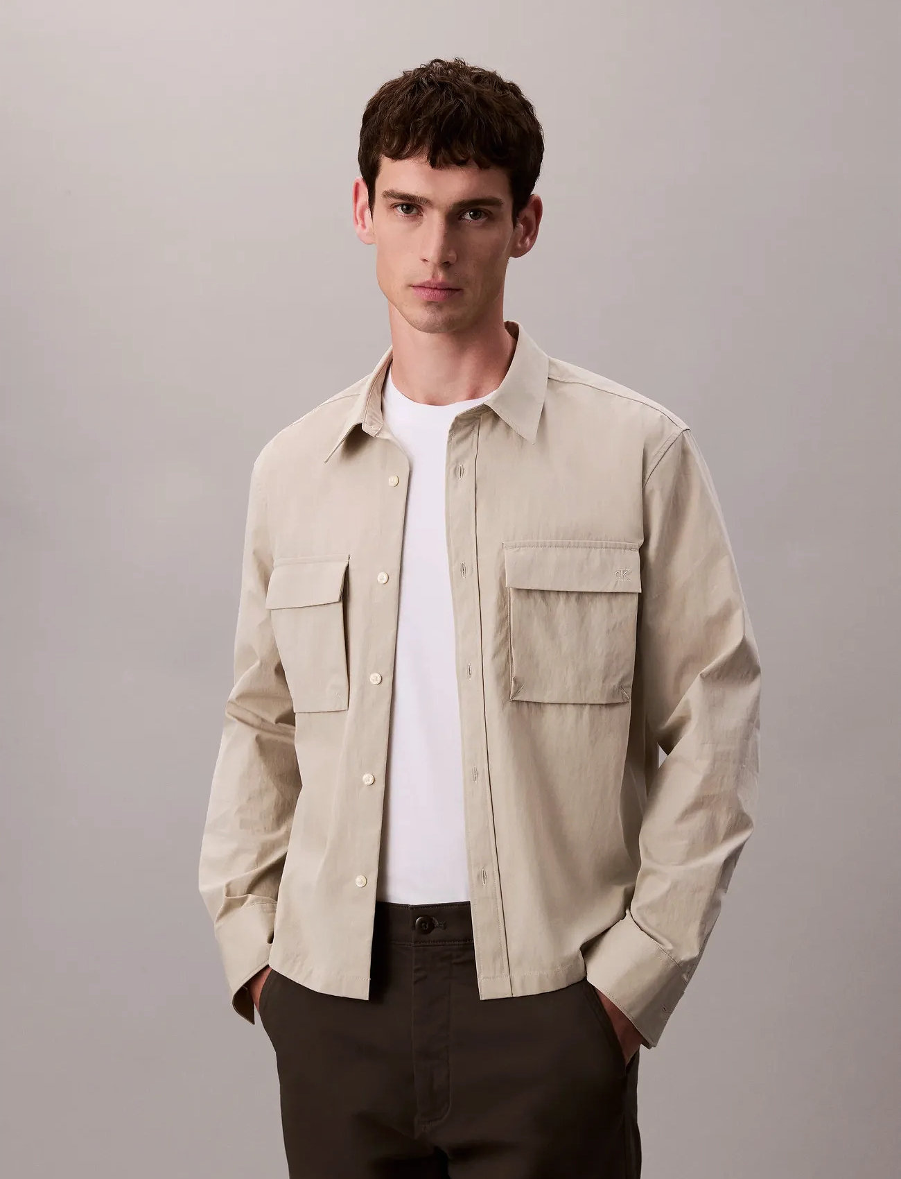 Calvin Klein Ls Cotton Nylon Easy Cropped Shi, M, Beige, Skjorter > Business Shirts, Herre