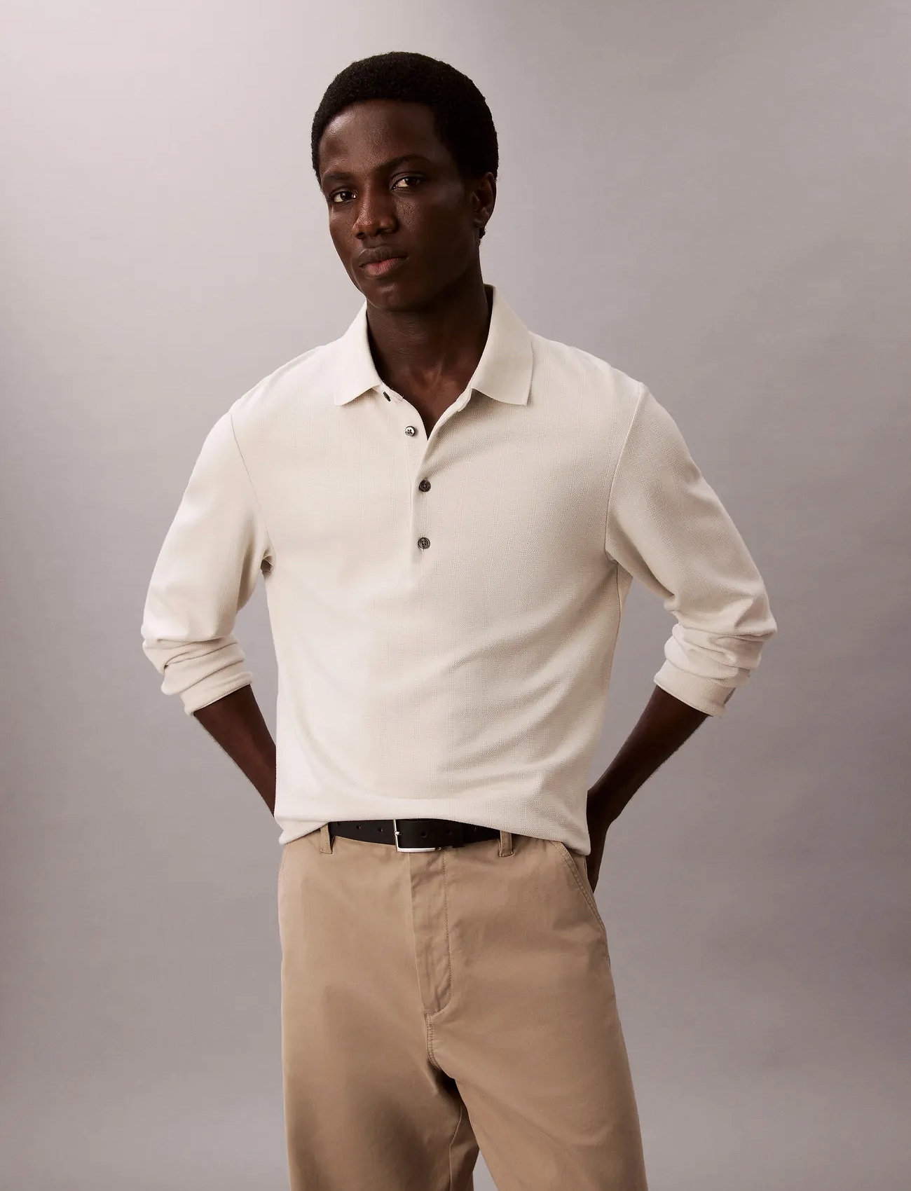Calvin Klein Ls Jacquard Wool Polo, XL, Cream, Poloer > Langærmede, Herre