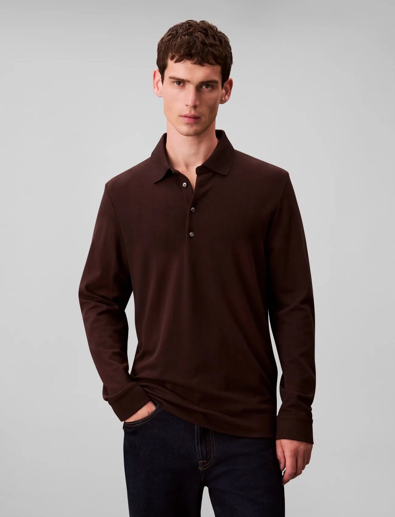Calvin Klein Ls Jacquard Wool Polo, S, Brown, Poloer > Langærmede, Herre