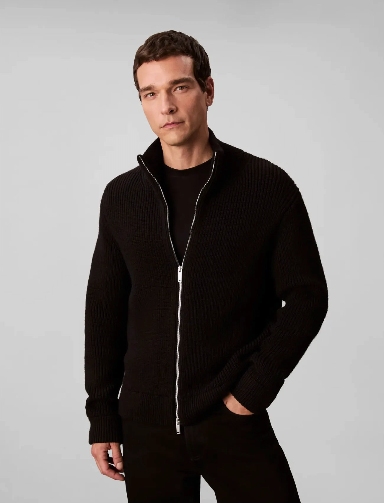 Calvin Klein Ls Fz Texture Stitch Jkt 5Gg, XL, Black, Strik > Trøjer Med Fuld Lynlås, Herre