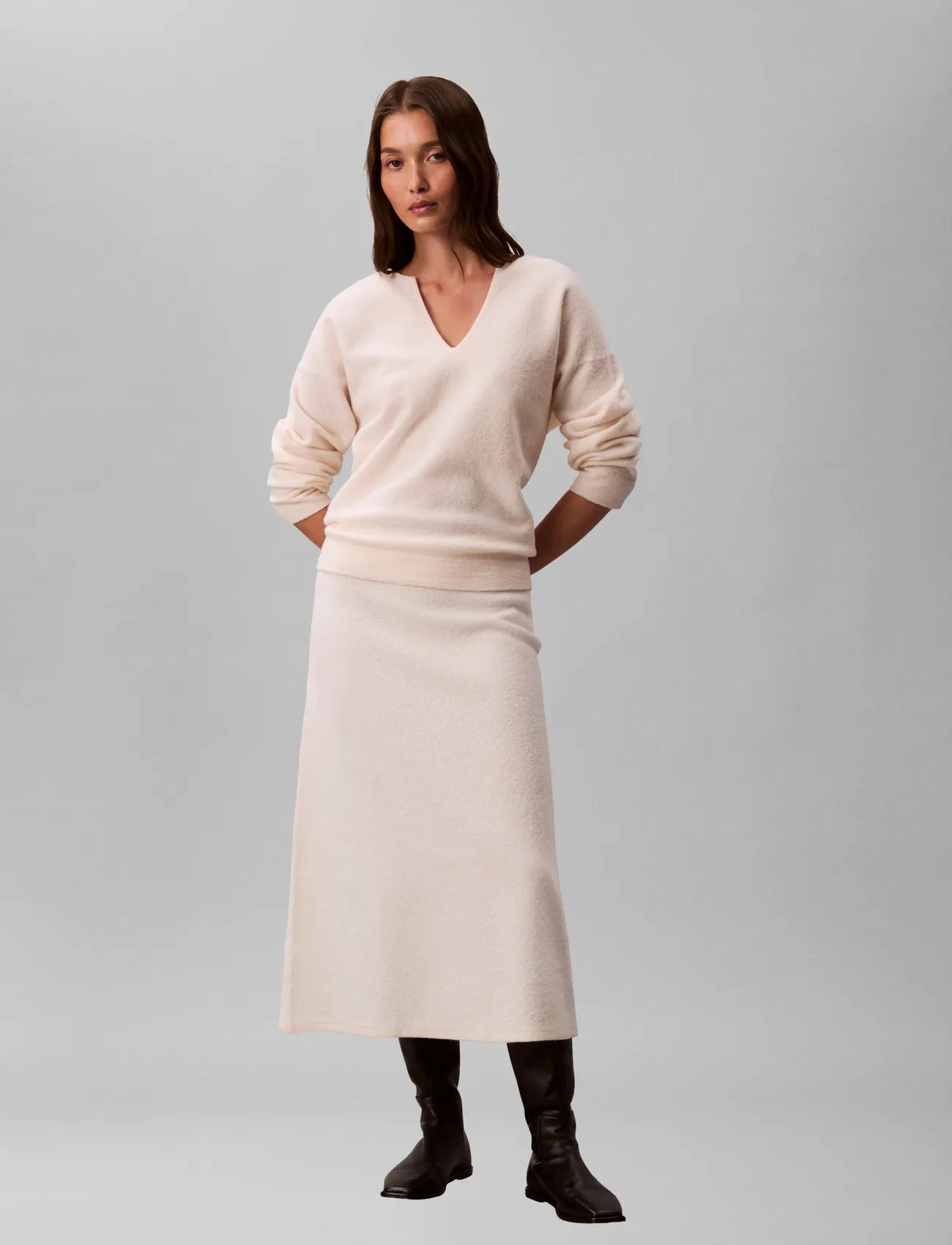Calvin Klein Boiled Wool Midi Skirt, XS, Cream, Nederdele > Knælange Og Midi Nederdele, Dame