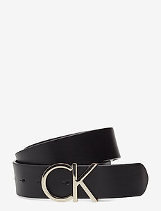 CK ADJ.LOGO BELT 3.5 - BLACK LEATHER & LIGHT GOLD BUC