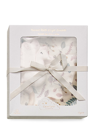 Gift Box w/ Printed Swaddle and Peacock Rattle - vetements - swaddle: pressed leaves rose rattle: powder