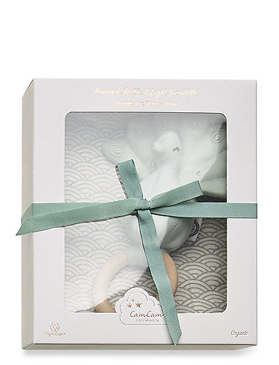 Gift Box w/ Printed Swaddle and Peacock Rattle - vetements - swaddle: grey wave rattle: blue mist