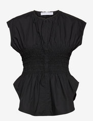 Poplin smocked sleeveless blouse - BLACK