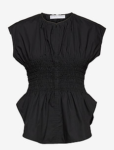 Poplin smocked sleeveless blouse - blouses sans manches - black