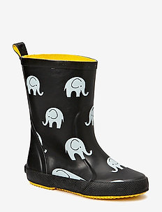 Wellies w.elephant print - unlined rubberboots - black