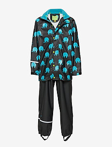 Rainwear set w. elepant print - BLACK