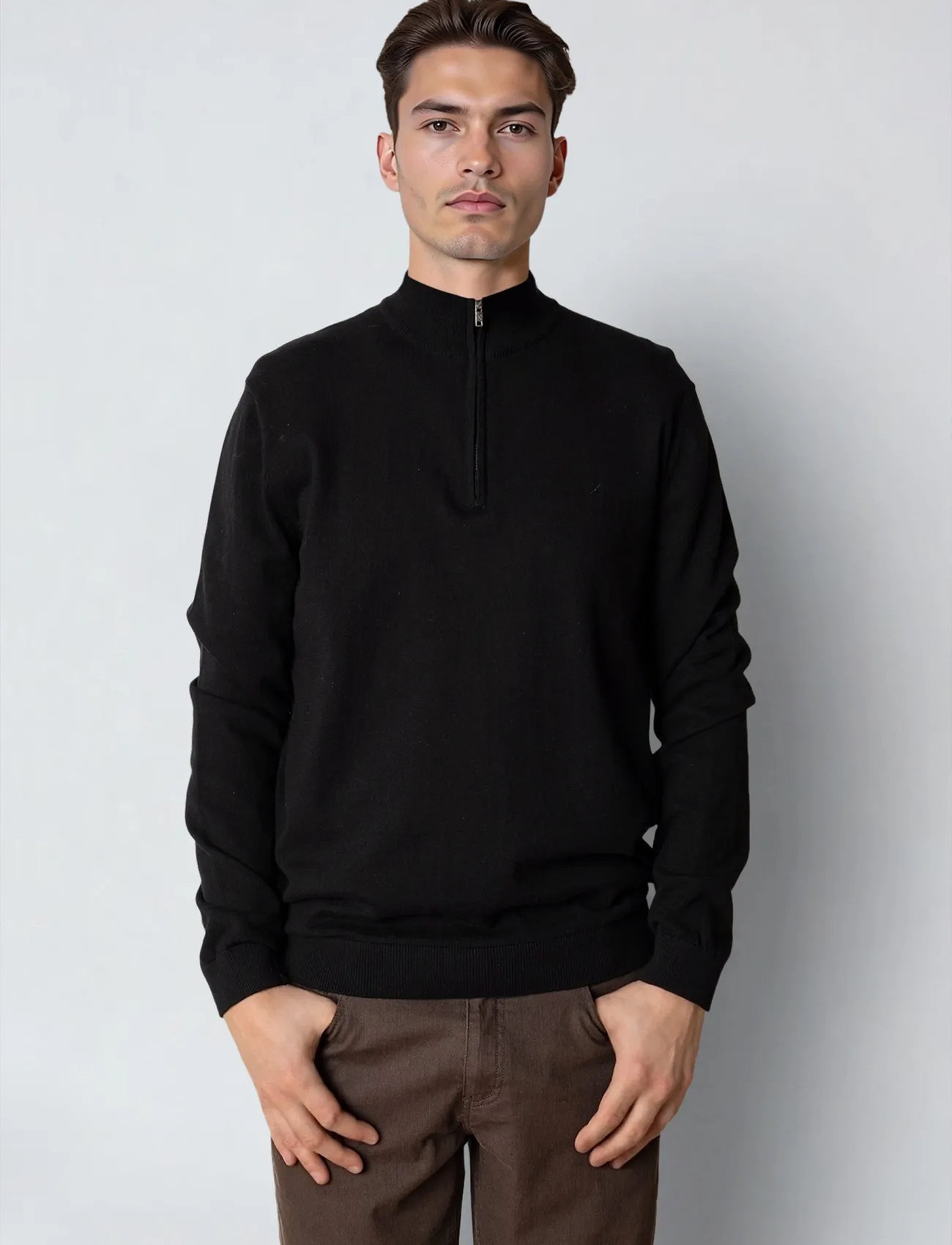 Clean Cut Copenhagen Claude Half-Zip Knit, XXL, Black, Strik > Trøjer Med Halv Lynlås, Herre