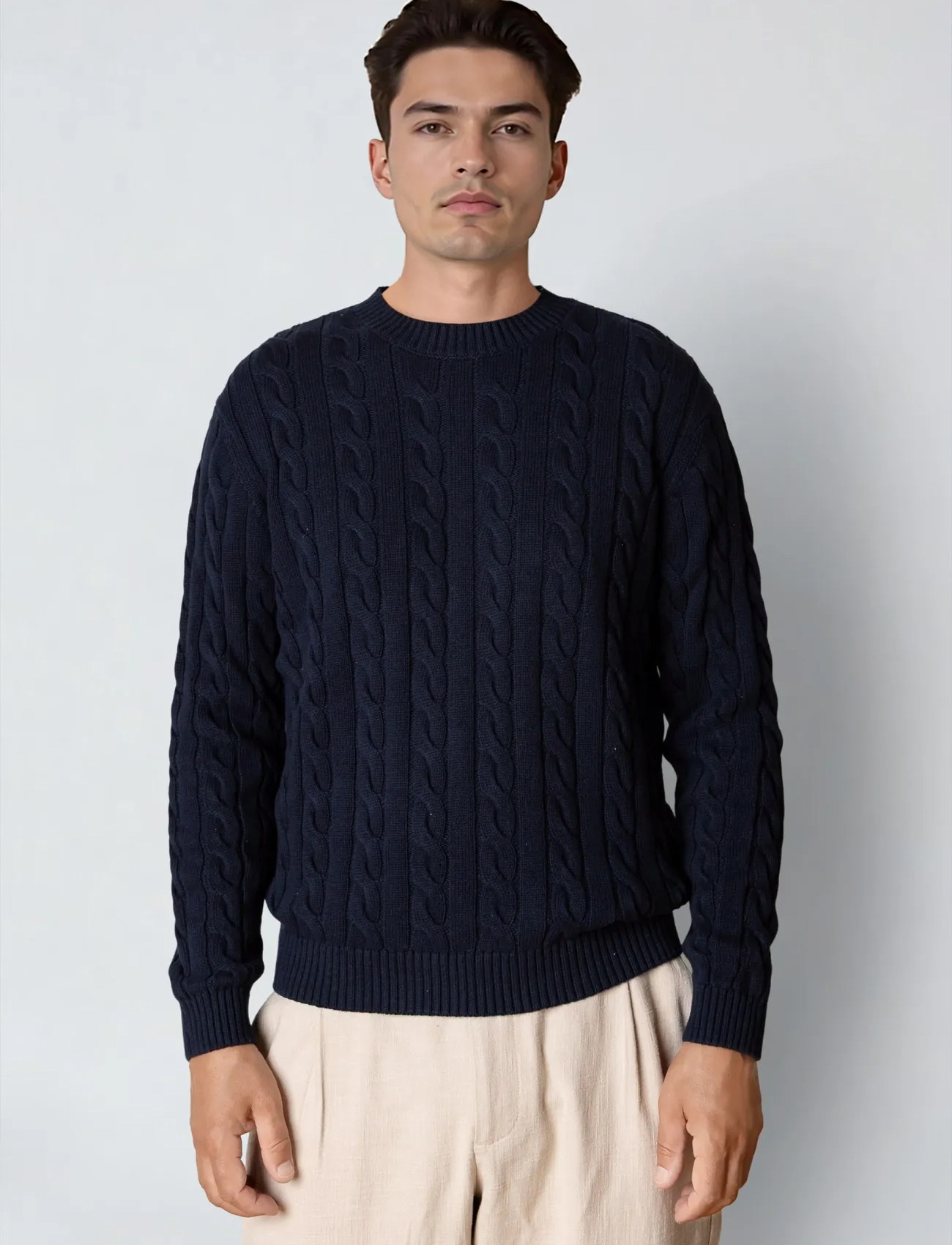 Clean Cut Copenhagen August Cable Knitted Jumper, M, Navy, Strik > Runde Halse, Herre