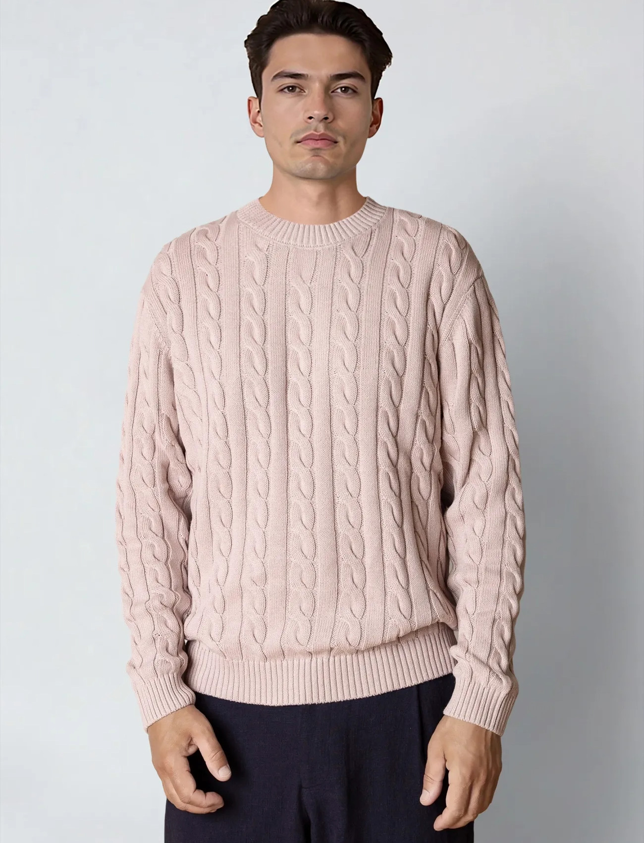 Clean Cut Copenhagen August Cable Knitted Jumper, S, Pink, Strik > Runde Halse, Herre