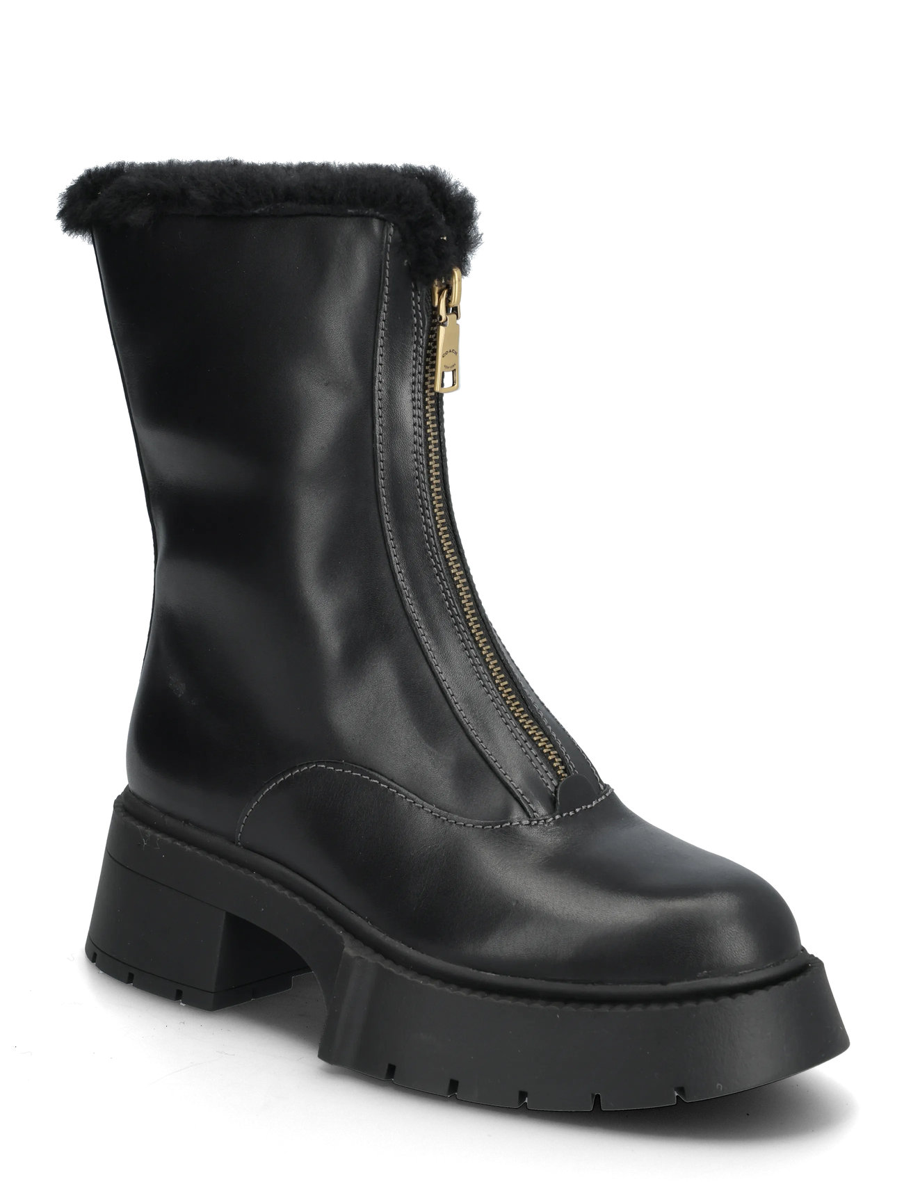 Coach Leah Platform Shearling Zip Bootie, 37.5, Black, Ankelstøvler > Ankelstøvler Med Hæl, Dame