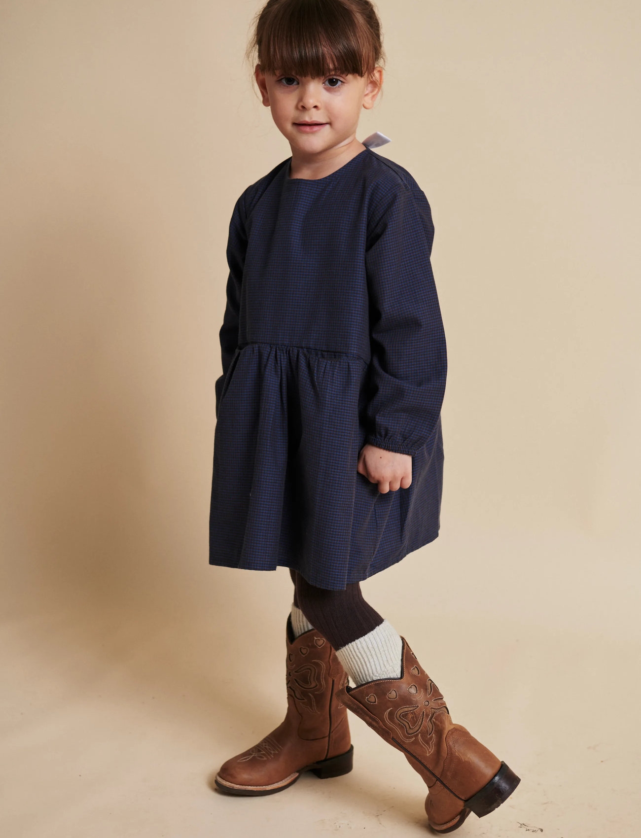 Copenhagen Colors Checkered Dress W. Backside Bow, 104, Navy, Fritidskjoler > Fritidskjoler Med Lange Ærmer, Børn