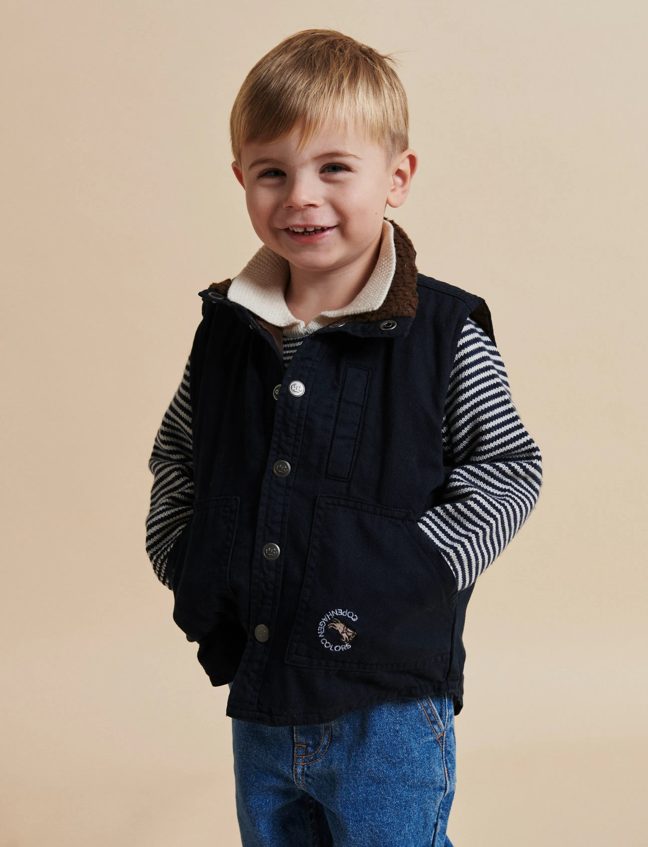 Copenhagen Colors Twill Vest W. Sherpa Collar, 134, Blue, Overtøj > Udendørs Veste, Børn