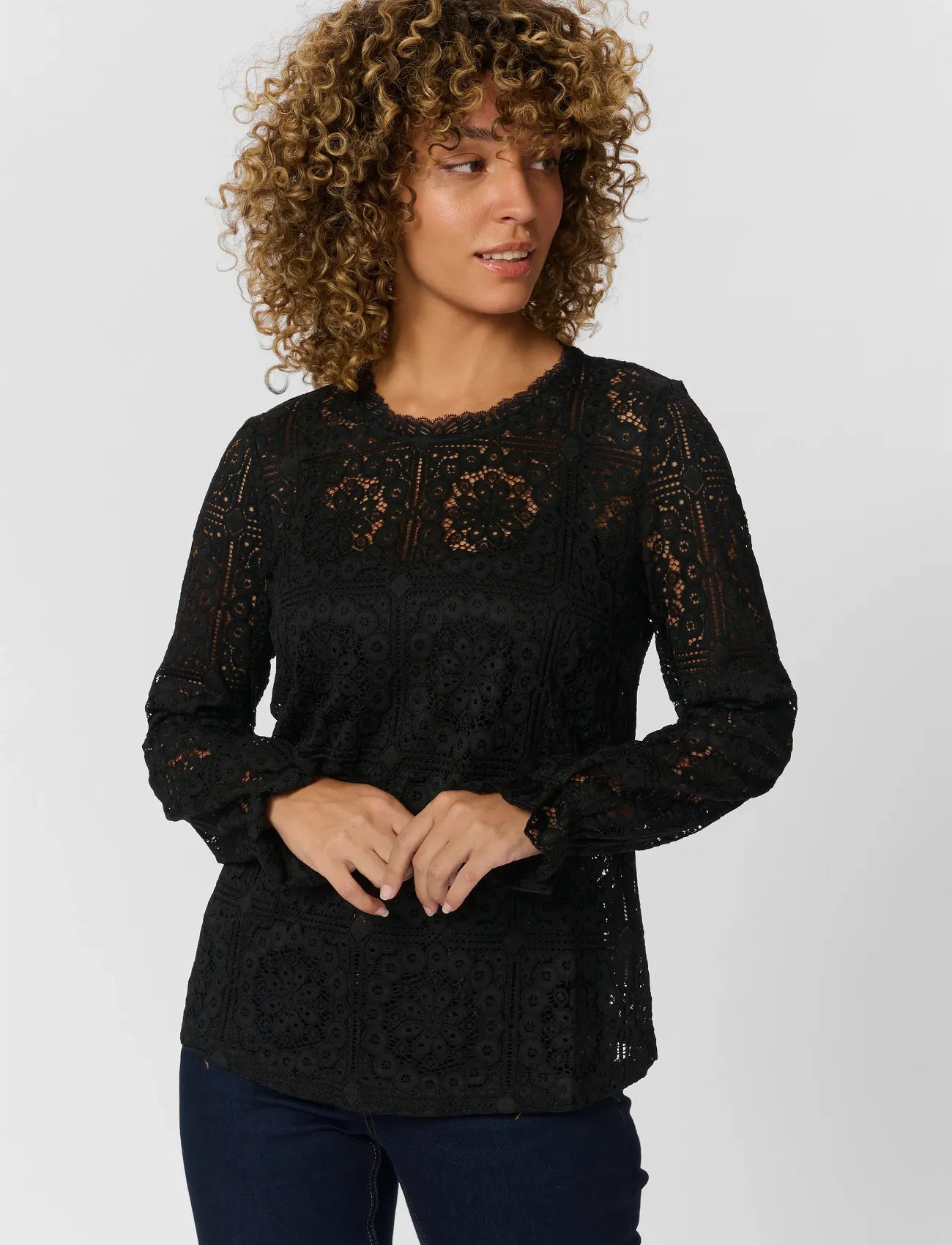 Cream Crtiley Lace Blouse, 38, Black, Bluser > Langærmede, Dame