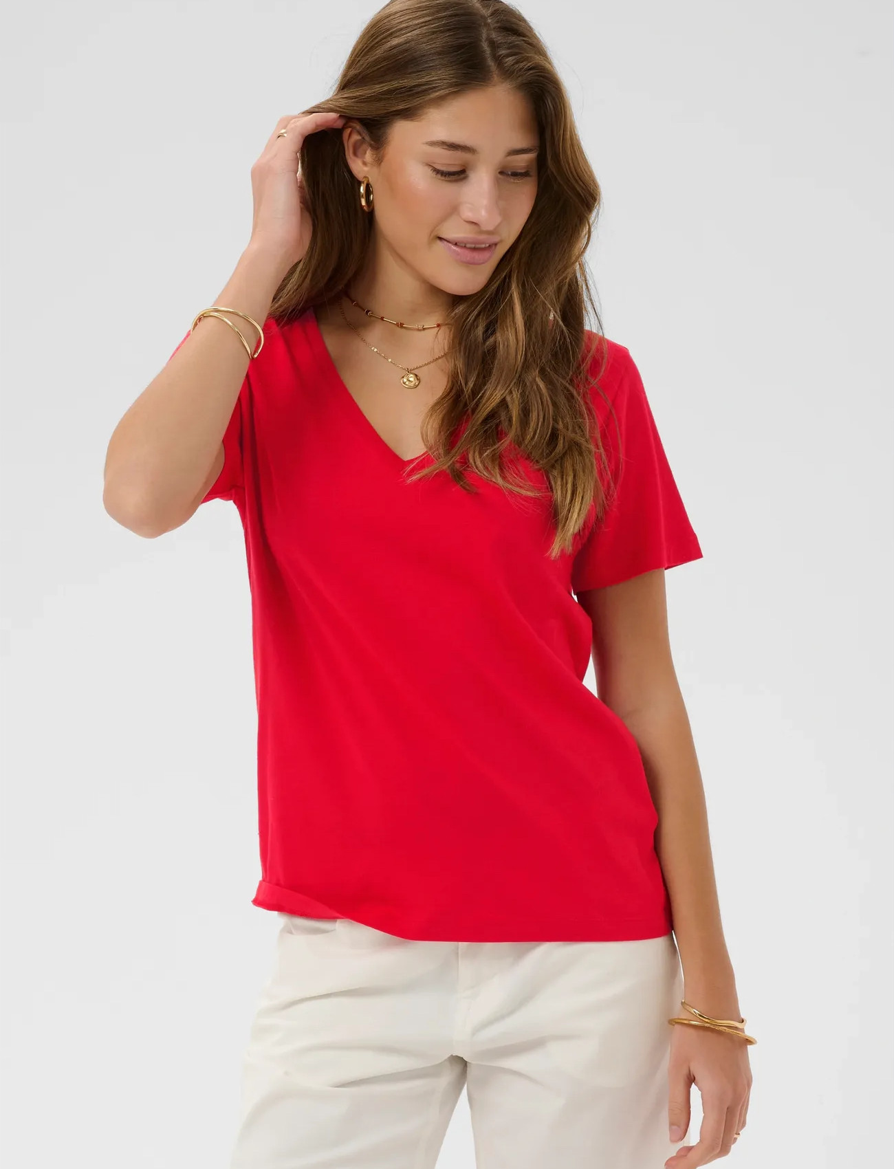 Cream Crnaia Deep V-Neck T-Shirt, XL, Red, T-Shirts & Toppe > Kortærmede, Dame