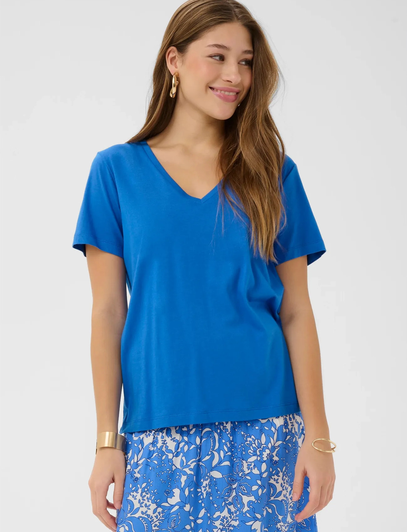 Cream Crnaia Deep V-Neck T-Shirt, L, Blue, T-Shirts & Toppe > Kortærmede, Dame