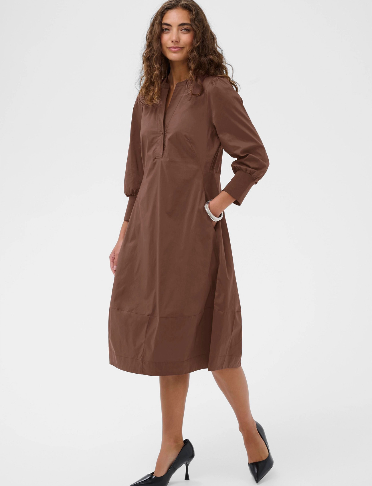 Culture Cuantoinett 3/4 Sleeve Dress, XS, Brown, Kjoler > Knælange Og Midi, Dame