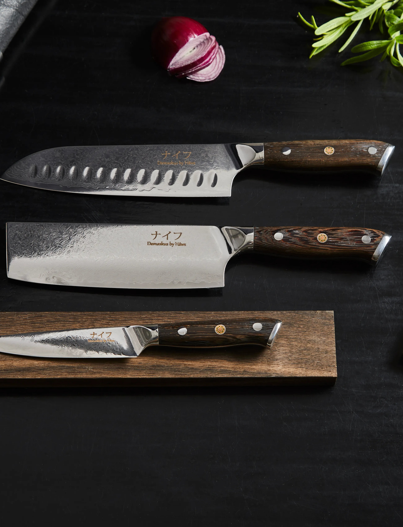 Damascus by Hâws Santoku Knife 31,7 cm + Vegetable Knife 30 cm + Utility Knife 24cm Wengé, One Size, Brown, Knive Og Tilbehør > Knivsæt, Unisex
