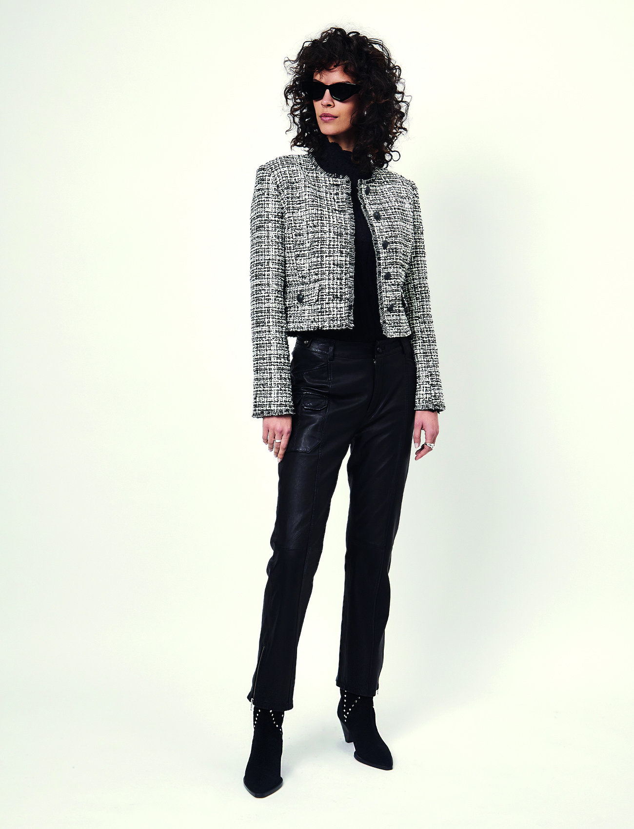 black and white tweed blazer