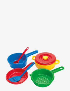 POT/SIEVE/PAN IN NET - leikkikeittiön tarvikkeet - red, yellow, blue, green