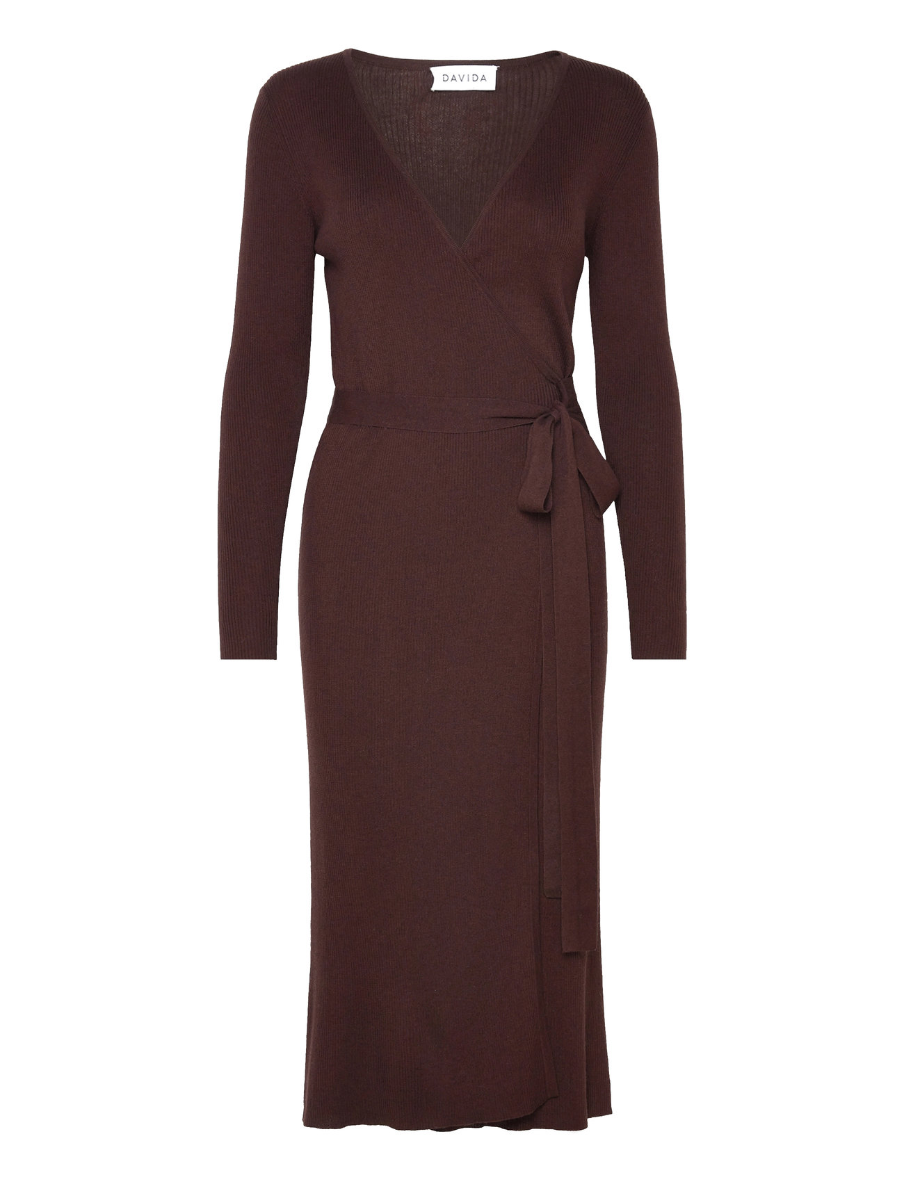 Davida Cashmere Fine Knit Rib Wrap Midi Dress Brun