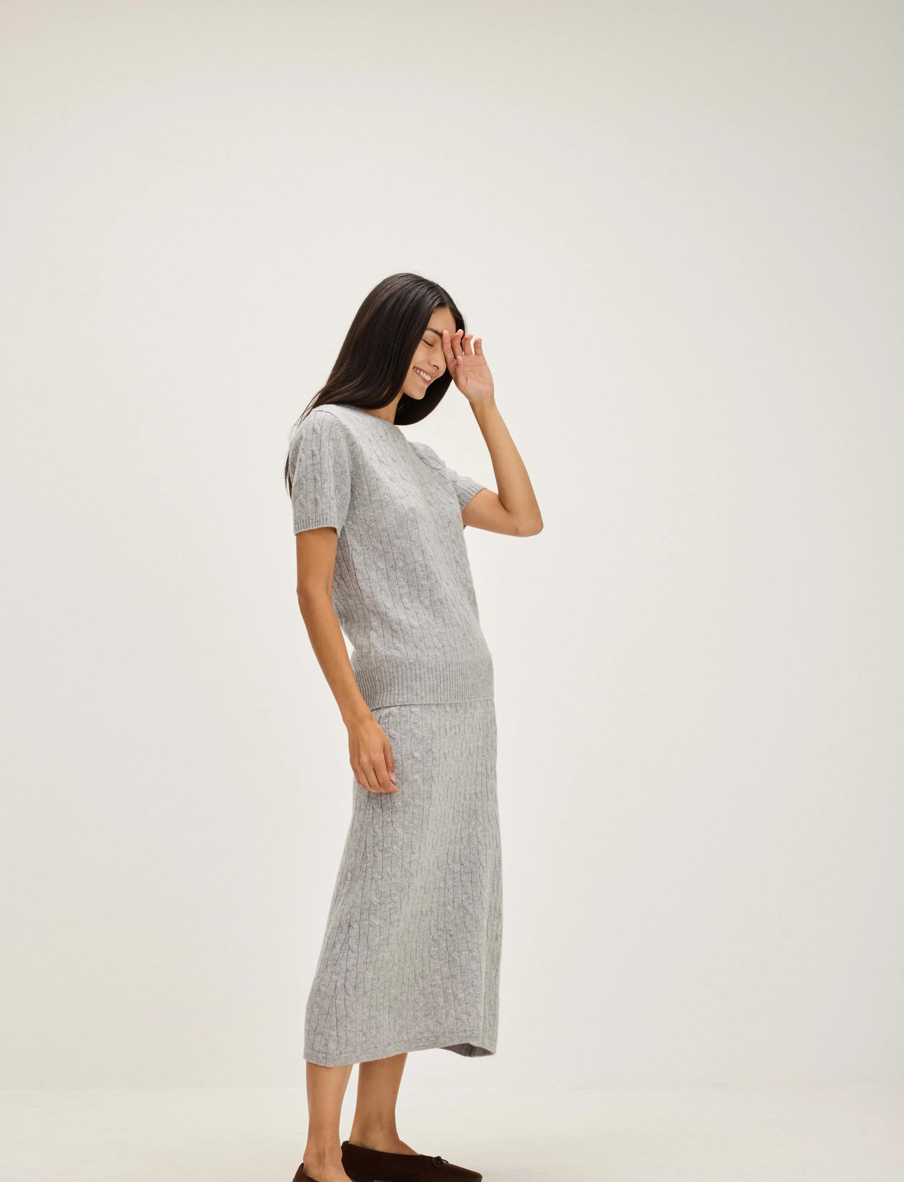 Davida Cashmere A-Line Cable Skirt, XL, Grey, Nederdele > Knælange Og Midi Nederdele, Dame