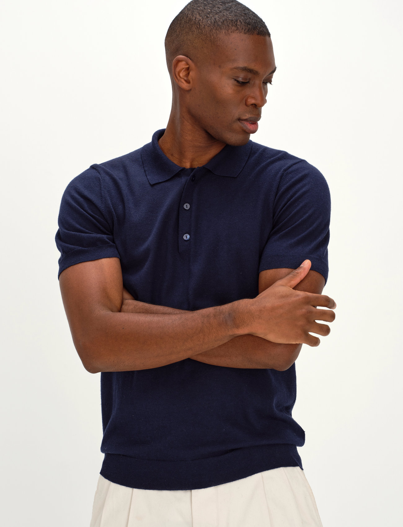 Davida Cashmere Man Fine Knit Pique, L, Navy, Strik > Kortærmede Strikkede Poloer, Herre