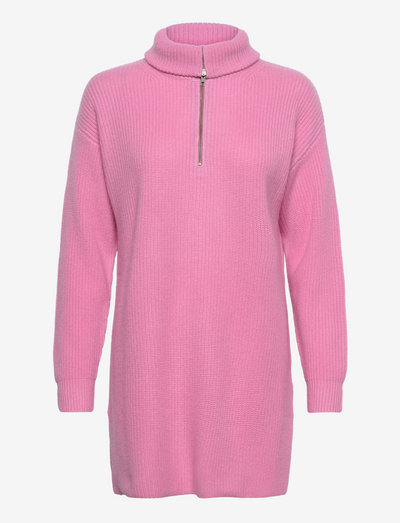 Half Zip Ribbed Long Sweater - poolopaidat - rose pink