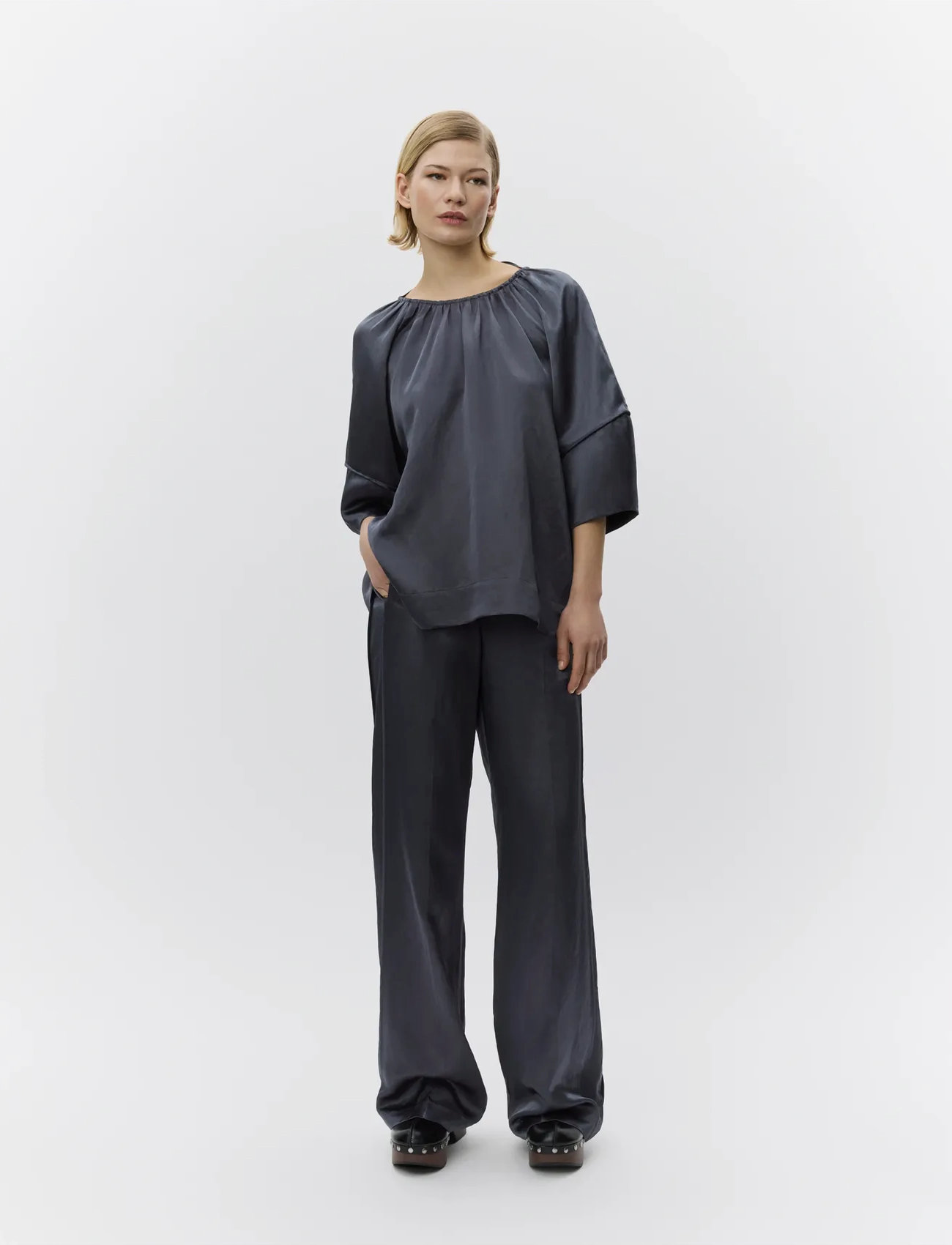 Day Birger et Mikkelsen Elms - High Shine Blend, 36, Grey, Bukser > Brede Ben, Dame
