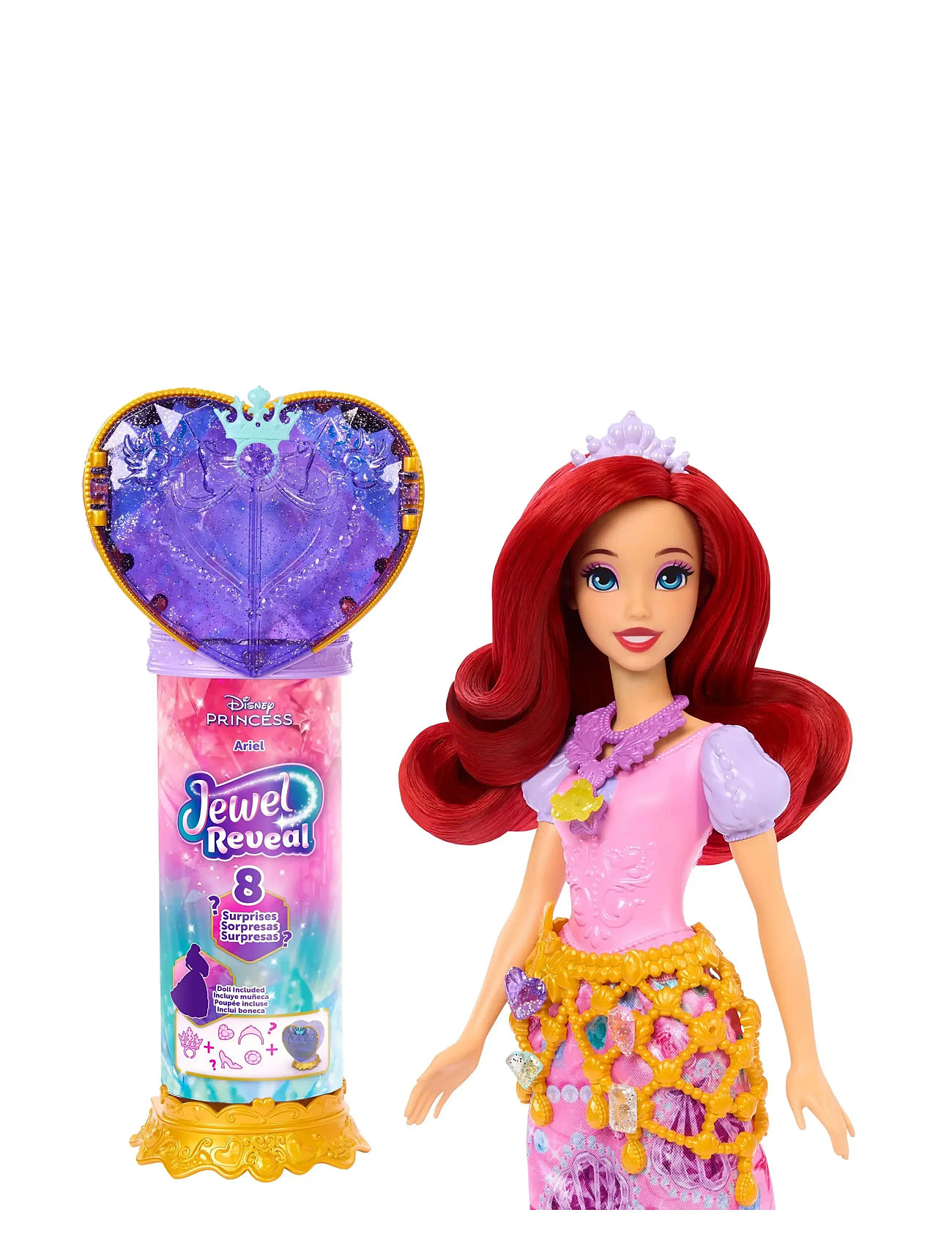 Disney Princess Disney Princess Jewel Reveal Ariel Fashion Doll W/ 8 Surprises Including Gem Box & 10 Accessories, One Size, Pink, Dukker Og Tilbehør