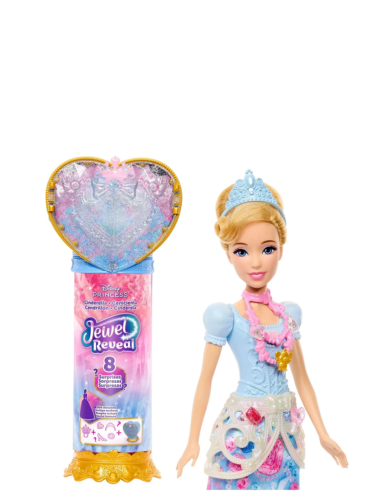 Disney Princess Disney Princess Jewel Reveal Cinderella Fashion Doll W/ 8 Surprises Including Gem Box & Accessories, One Size, Blue, Dukker Og Tilbehø