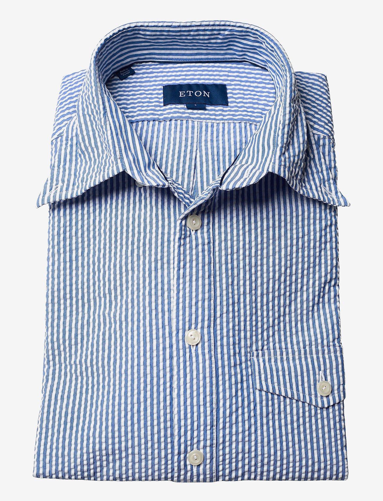 Eton - Navy Striped Seersucker Short Sleeve Popover Shirt - basic-hemden - blue - 2