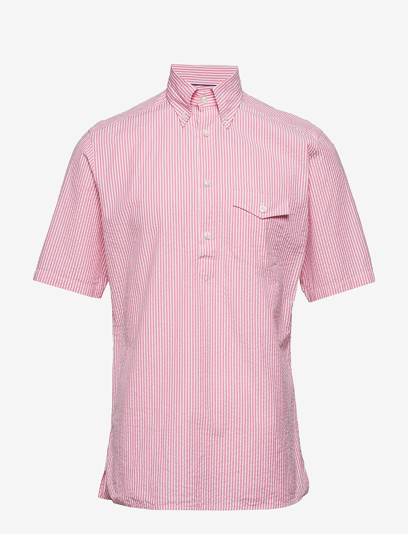 Eton - Navy Striped Seersucker Short Sleeve Popover Shirt - basic-hemden - pink/red - 0
