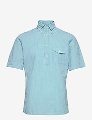 Eton - Navy Striped Seersucker Short Sleeve Popover Shirt - basic-hemden - green - 0