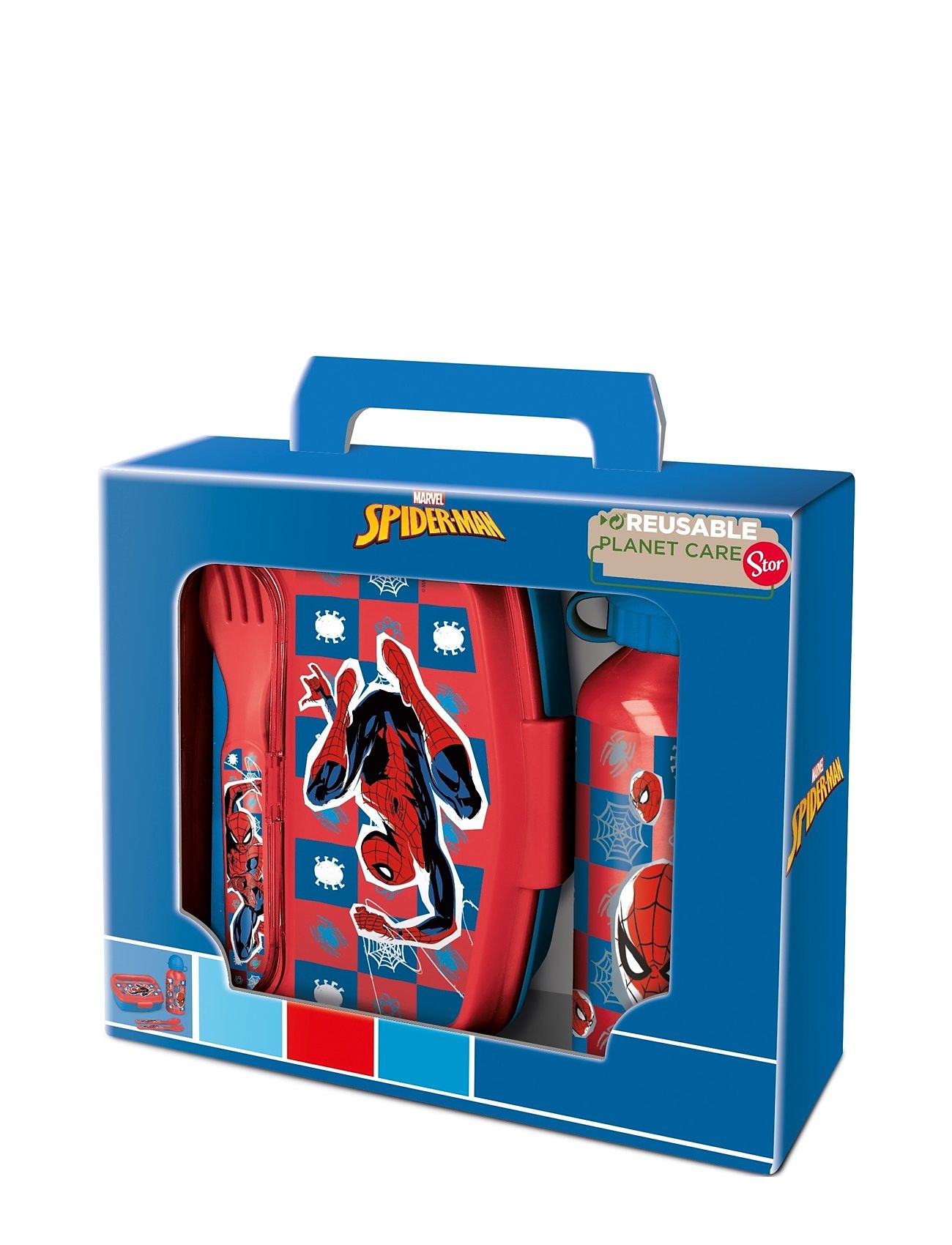 Spiderman 4-Pcs. Lunch Box/Alu Bottle/Spoon+Fork Home Meal Time Lunch Boxes Blue Spider-man